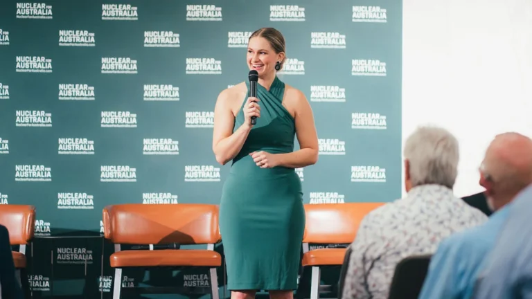 A previous Miss America takes her atomic deals pitch to groups of onlookers in Australia